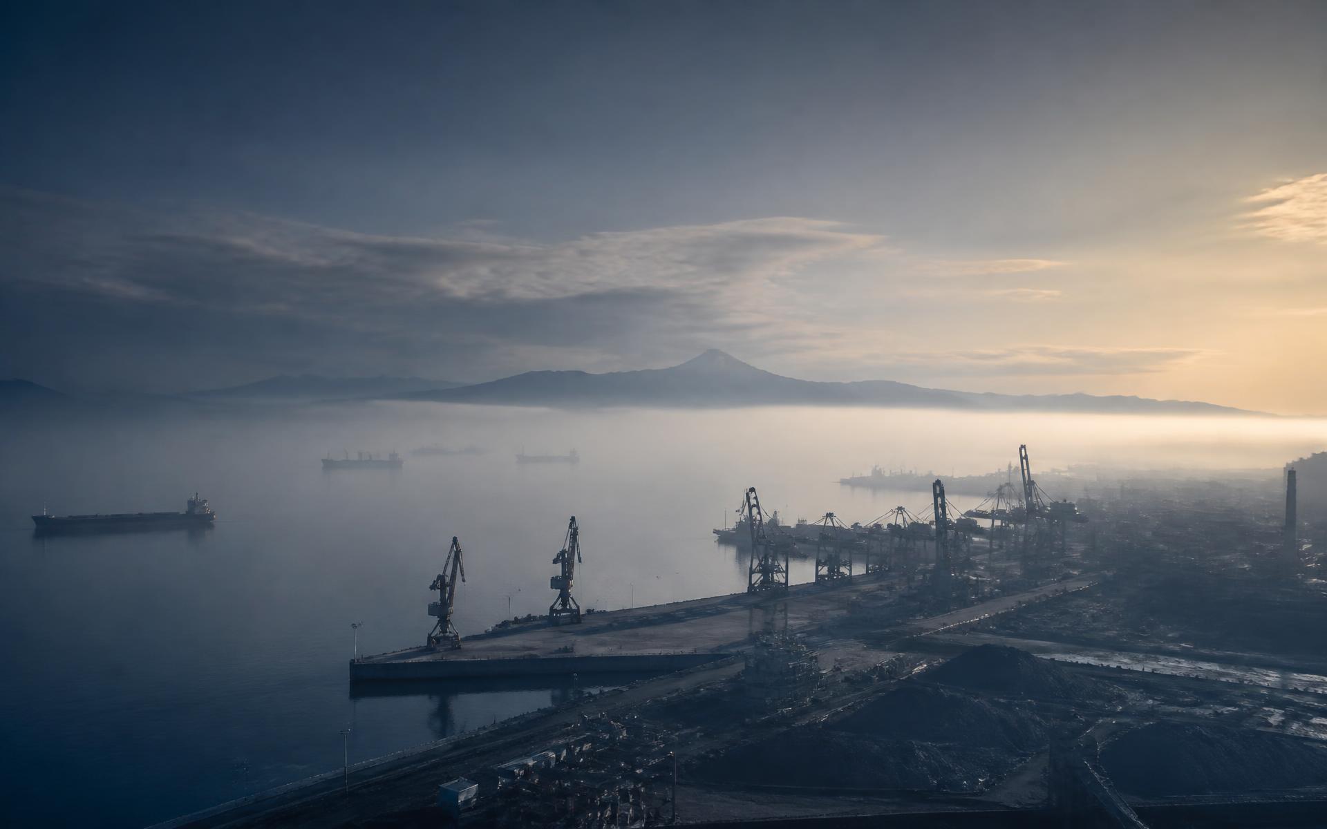 Aerial view of an industrial port at dawn